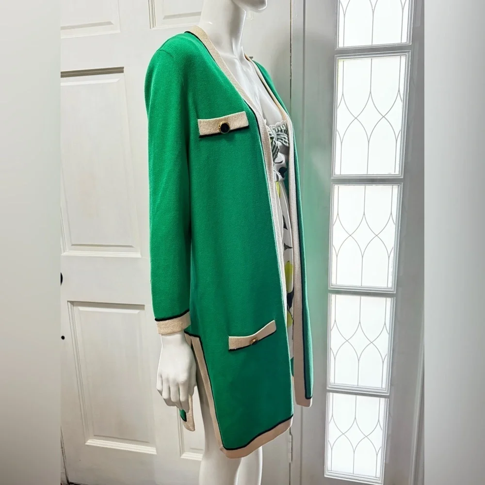 St. John Collection Long Green/Black Gold Buttons Open Front Cardigan Sz L P-38